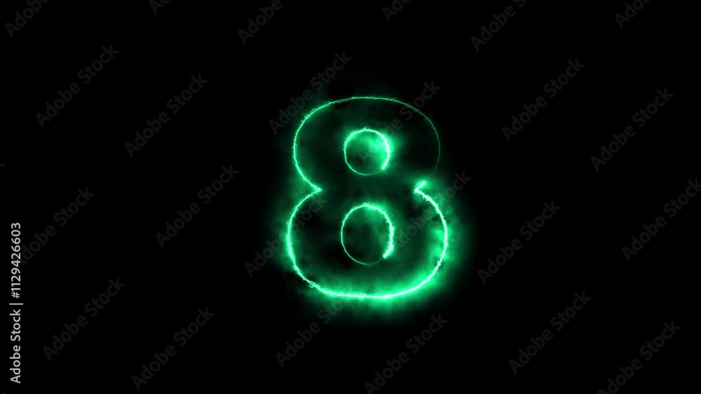 Poster glowing neon animated number 8. 8- one hot burning number on black background ,cyan color looping tr