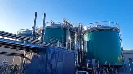 Obraz premium Industrial facility with large green tanks under a clear blue sky.