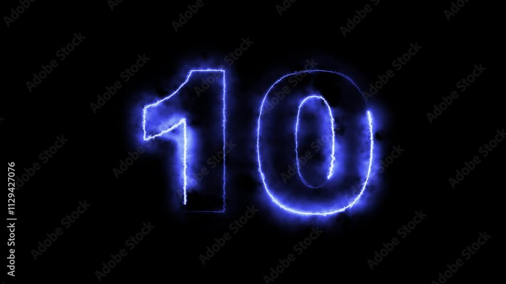 Poster glowing neon animated number 10. 10,- one hot burning number on black background ,cyan color looping
