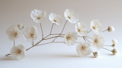 Slender branch adorned with delicate white flowers creates a serene and minimalist composition against a soft, light background, evoking a sense of tranquility and natural beauty