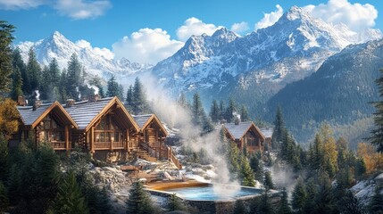 Fototapeta premium Cozy cabins nestled in a scenic mountain landscape with a pool. Towering peaks and lush forests create a tranquil outdoor escape, perfect for relaxation. Generative AI