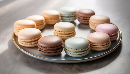 Obraz premium a plate of assorted macarons in pastel colors arranged neatly on a table