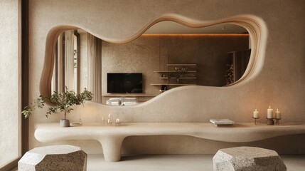 Organic modern vanity with sculptural mirror and stone stools in minimalist bedroom.