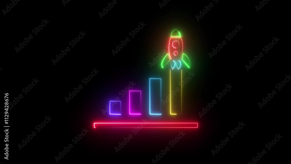 Poster a neon illustration rocket take of with growth up neon cube blocks. the concept for up of achieve bu
