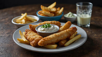 Crispy fish fingers, french fries, and a small bowl of tartar sauce on a plate.