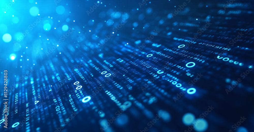 Poster Glowing binary code flowing in waves illustrating digital technology and data processing