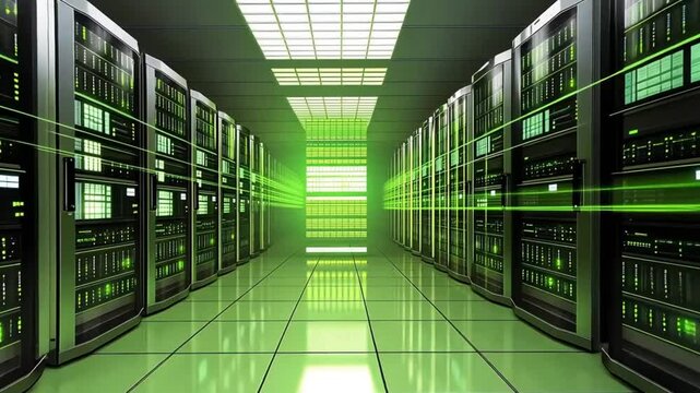 A sleek and modern server room bathed in a vibrant green glow, with rows of advanced servers humming with activity, displaying the cutting edge technology behind today's data processing systems.