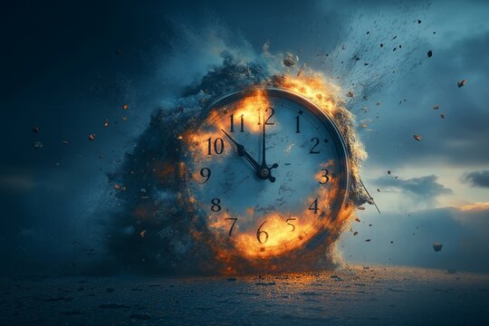 Time's Fiery Demise: A surreal clock engulfed in flames and debris, against a dramatic, apocalyptic sky.  The image evokes themes of urgency, the fleeting nature of time.
