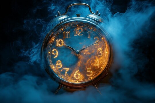 Time Flies: A vintage alarm clock with glowing hands and a smoky blue background evokes a sense of urgency and the fleeting nature of time.