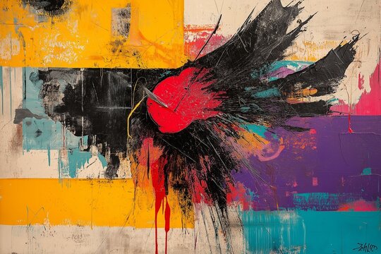 Abstract Bird in Flight: Bold strokes of color and texture create a dynamic abstract painting of a bird taking flight. The artwork is full of energy and movement.