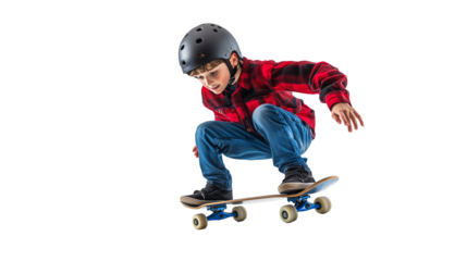 Young boy riding skateboard in helmet isolated on transparent background