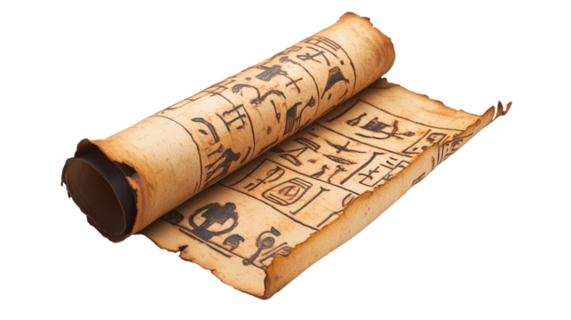 Ancient scroll with mysterious symbols isolated on transparent background