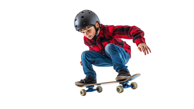 Young boy riding skateboard in helmet isolated on transparent background