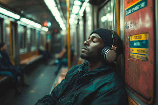 Young man relaxing listening to music on headphones while traveling by metro