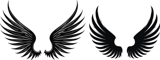  A vector illustration of Angel Wings silhouettes in the hand-drawn engraving style for tattoos and prints.