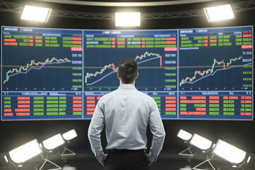 Fototapeta premium Man observes colorful financial graphs on large screen in trading environment