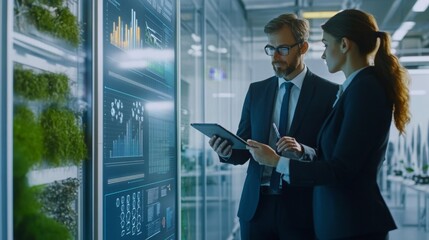 Two professionals engage in a discussion about sustainable finance strategies. They analyze digital data displayed on a screen featuring graphs and environmental metrics in a modern office.