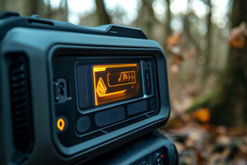 Close-up of a rugged, futuristic portable device with a glowing orange display showing data and indicators, positioned in a natural forest setting