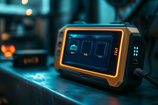 Portable device displaying charging status of electric vehicles, showcasing innovation in automotive technology within a modern industrial environment