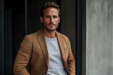 Stylish businessman posing in modern office environment, exuding confidence and professionalism