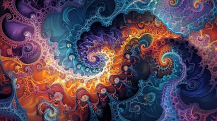 Abstract swirling fractal art with vibrant orange, teal, and purple hues.