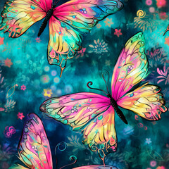 A seamless pattern of colorful butterflies on a green background.