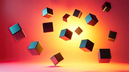 Abstract 3D rendering of dark cubes floating in vibrant orange and yellow light.