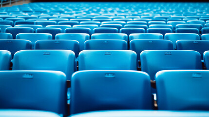 Naklejka premium Empty blue stadium seats in uniform rows under daylight
