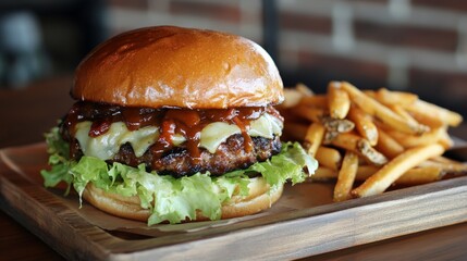 Gourmet Burger Delight, close-up view of a flavorful burger with fresh lettuce, melted cheese, served on a wooden platter alongside crispy fries, perfect for food enthusiasts and marketing.