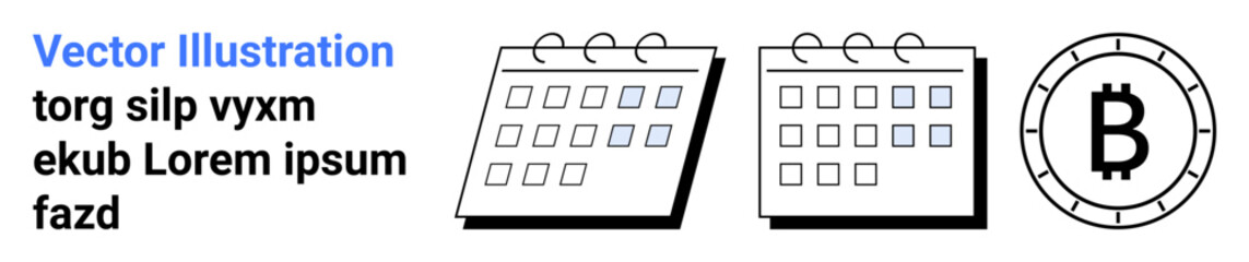 Calendar icons with sample text and Bitcoin symbol. Ideal for scheduling, finance, digital currency, blockchain, planning, time management, and organization. Landing page