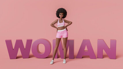 Confident sporty cartoon woman standing with hands on hips in front of giant 3d woman sign