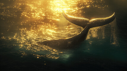 Obraz premium A breathtaking generative AI illustration of a whale’s tail surfacing in the ocean, the calm waters around it illuminated by shimmering sunlight. Generative AI