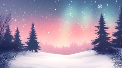 Naklejka premium Beautiful winter landscape with snow-covered trees and colorful northern lights in the sky