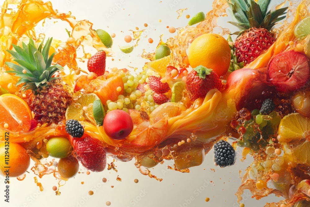 Poster delicious mixed fruit juice splashing with various colorful fruits, creating a refreshing and vibran