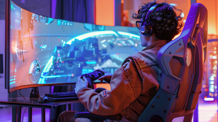 Young caucasian male gamer engaged in immersive gaming session with curved monitor