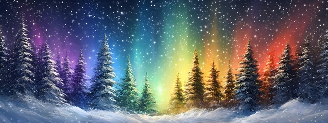 Beautiful winter landscape with snow-covered trees and colorful northern lights in the sky