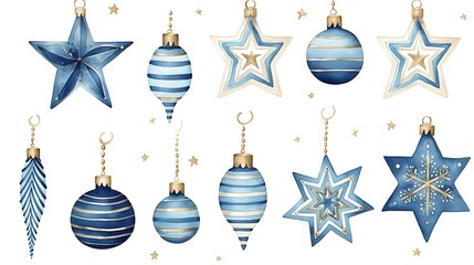 Blue christmas ornaments and stars hanging from a golden string
