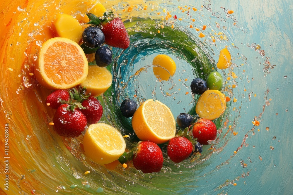 Poster colorful swirl of water splashing with fresh cut fruit slices and berries, creating a vibrant and re