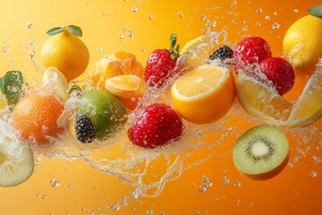 Ripe strawberries, pineapple, kiwi, blueberries, and citrus slices are making a splash as they swirl in fresh water