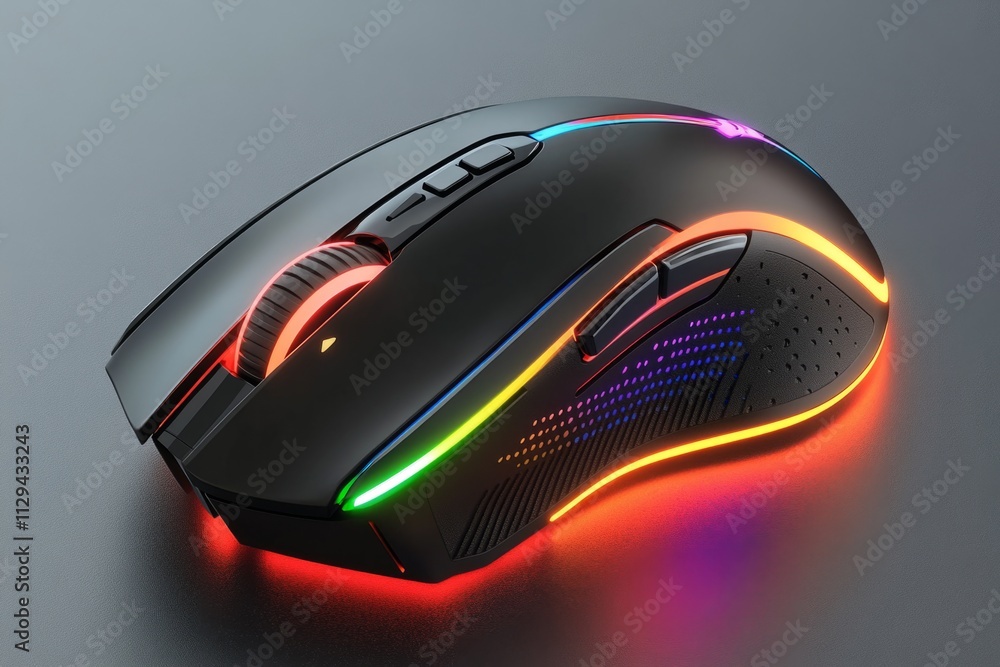 Poster modern illuminated computer mouse with colorful rgb lights, ideal for gaming and professional use