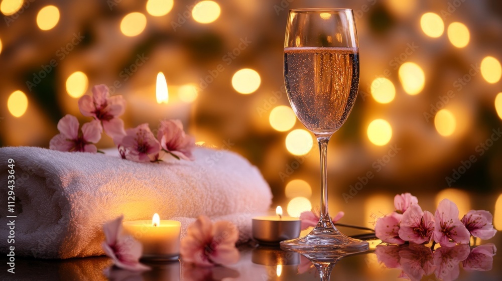 Poster glass of sparkling water sits next to soft towels and lit candles. delicate flower petals are scatte