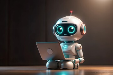3d rendering cute artificial intelligence Â robot or assistant robot with computer notebook
