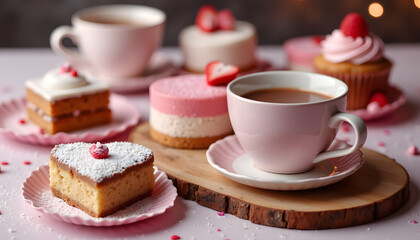 Romantic table: A cozy table set for two, decorated with candles, flowers and hearts, surrounded by soft lights.
