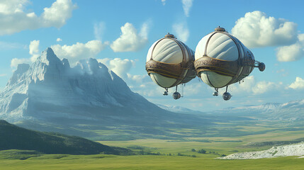Fototapeta premium Majestic Airship Gliding Over a Green Steppe with Mountains in a Photorealistic Style