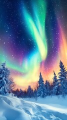 Beautiful winter landscape with snow-covered trees and colorful northern lights in the sky