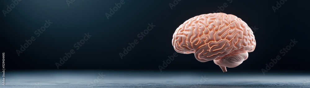 Poster a realistic rendering of a human brain suspended in mid-air against a dark background, emphasizing i