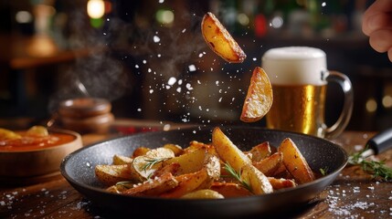Golden-brown potato wedges are artfully arranged and seasoned, accompanied by a refreshing beer in a cozy bar with warm lighting. Generative AI