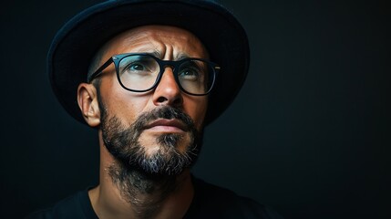 Obraz premium Beautiful brutal tanned hipster man in a black shirt, hat and glasses