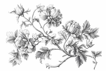 Botanical Illustration of Peony Flowers and Delicate Leaves Design
