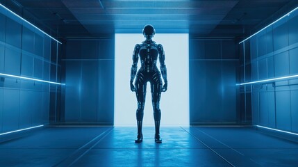 A humanoid robot stands still in a high-tech corridor, surrounded by glowing blue lights, creating an ambiance of advanced technology and innovation. Generative AI